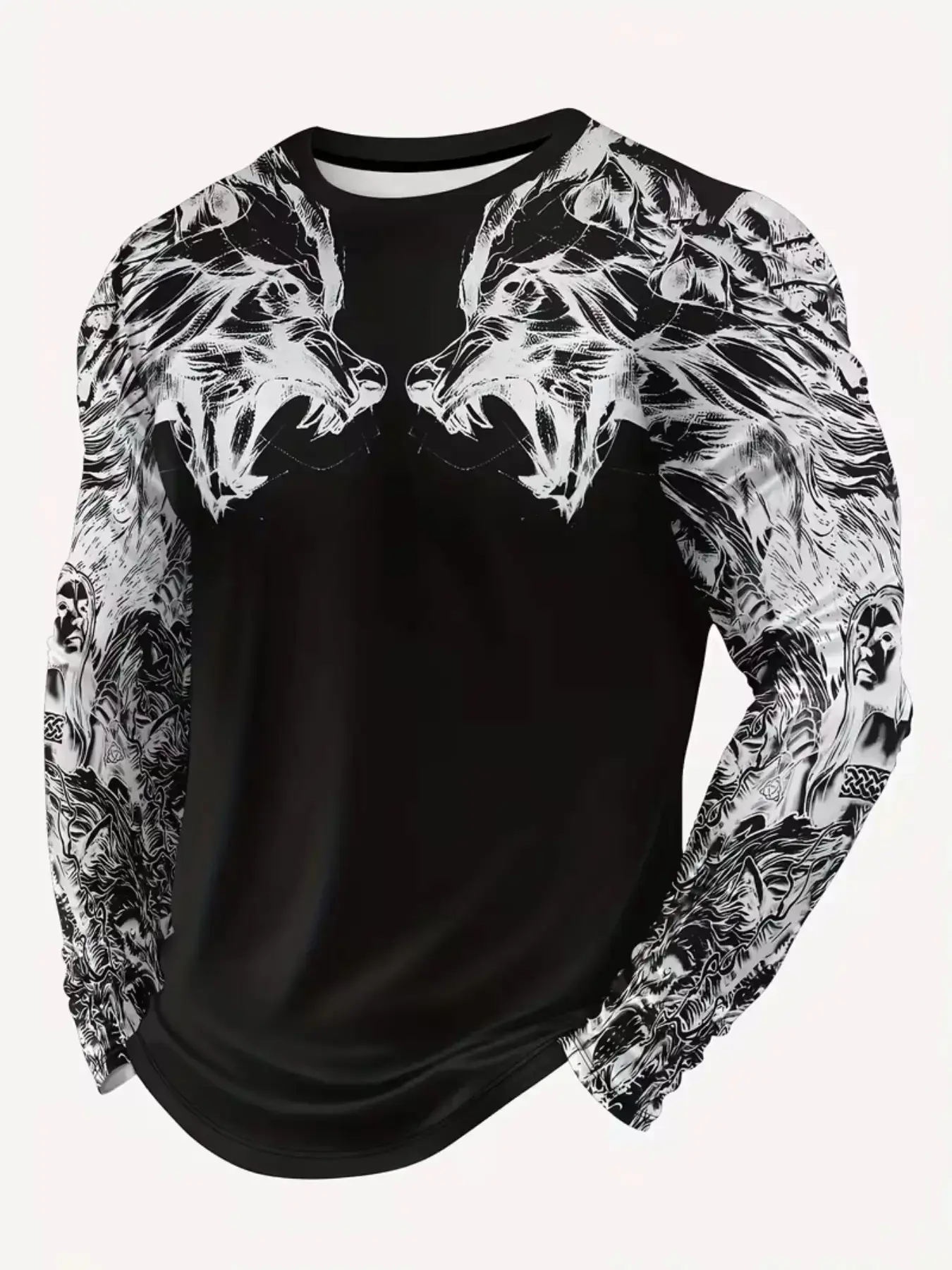 Black White Sketch Wolf Head Print Men Crewneck Long Sleeve T-Shirt Vintage Celtic Knot Pattern Casual Tee Gothic Animal Graphic Top For Daily Streetwear Outdoor Holiday Outfits