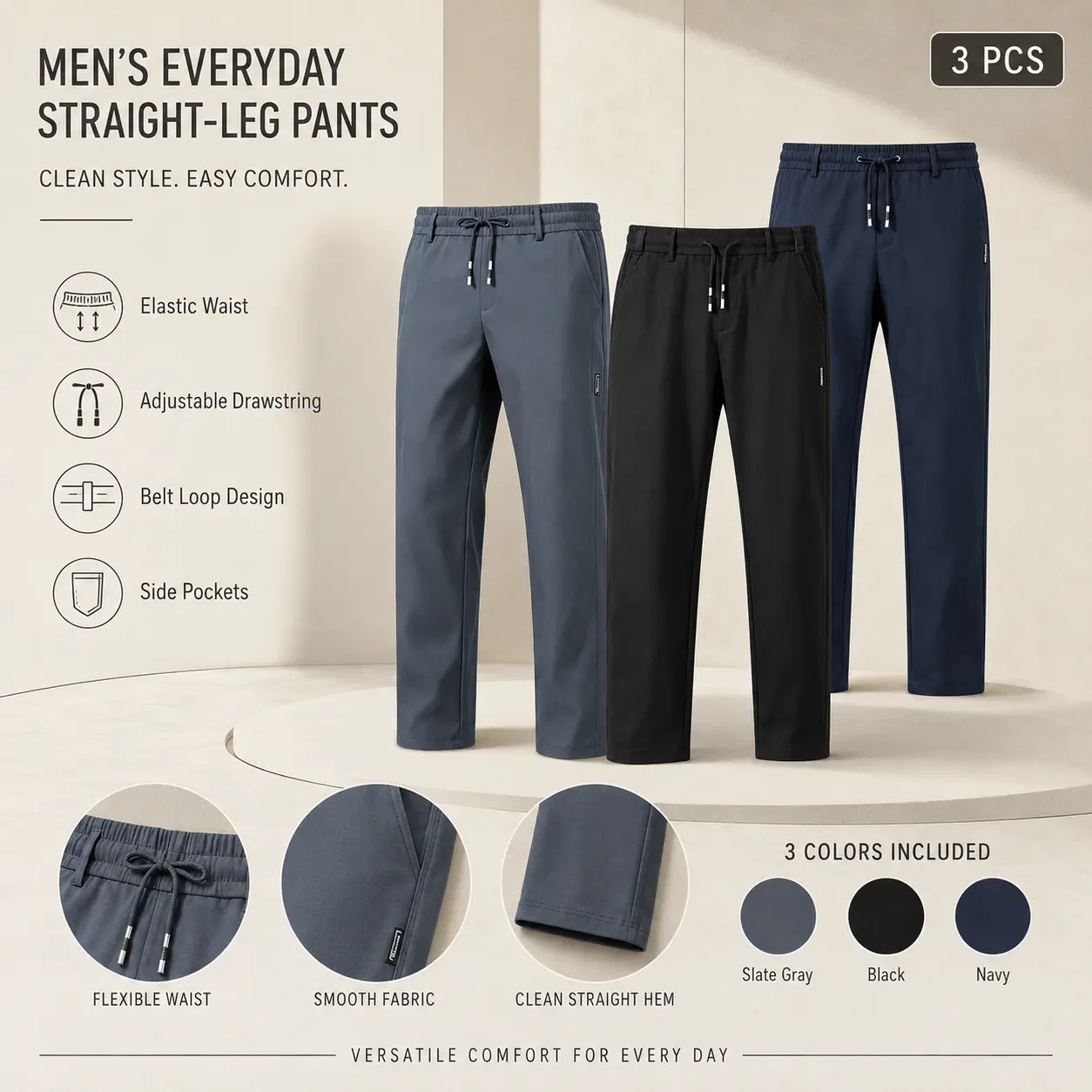 Men's Straight Leg Casual Pants, Drawstring Elastic Waist Lightweight Daily Wear Trousers