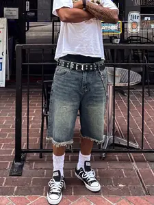 Men's Gradient Vintage Blue Distressed Denim Shorts, Loose Wide Leg Raw Hem Bermuda Shorts, Dark Y2K Streetwear Street Style Casual Summer Denim Shorts