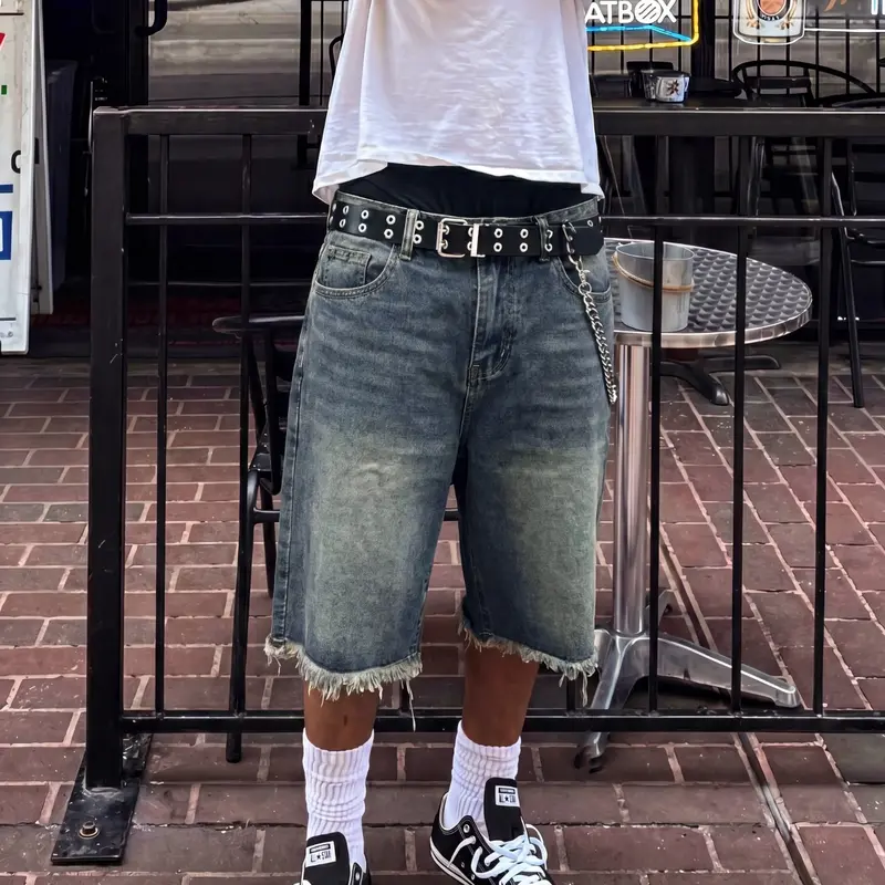 Men's Gradient Vintage Blue Distressed Denim Shorts, Loose Wide Leg Raw Hem Bermuda Shorts, Dark Y2K Street Style Casual Summer Denim Shorts Vintage Clothing
