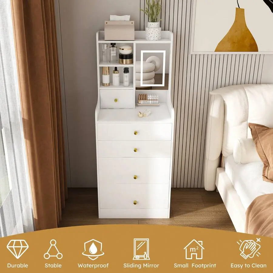 Compact White Makeup Vanity Set With Adjustable LED Mirror & Hidden Storage Stool - 3-In-1 Dressing Table, Bedside Table, Vanity Desk Small Spaces, 4 Drawers Storage Cabinet, Open Shelves, Easy Assembly, Gift Women/Wife/Girlfriend