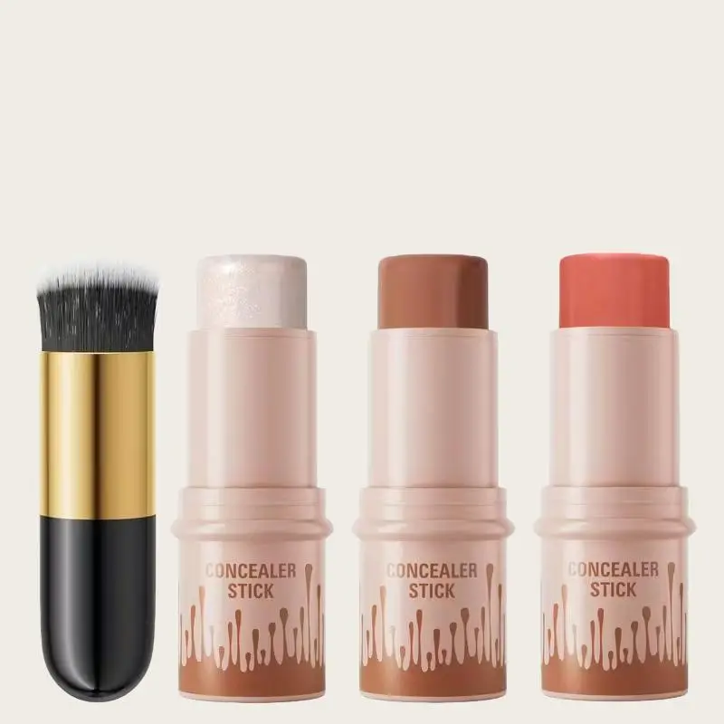 4-Piece Contour Kit, Highlighter Stick, Blush Brush Set, Non-Greasy Waterproof Makeup, Long-Lasting Finish, Ideal for Beginners
