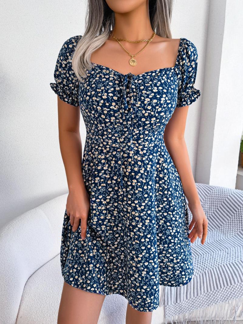 Women's Ditsy Floral Print Tie Front A Line Dress, Summer Outfits 2024, Boho Romantic Frill Sweetheart Neck Short Dress for Beach Vacation Holiday, Frenchy Style Summer Clothes Women
