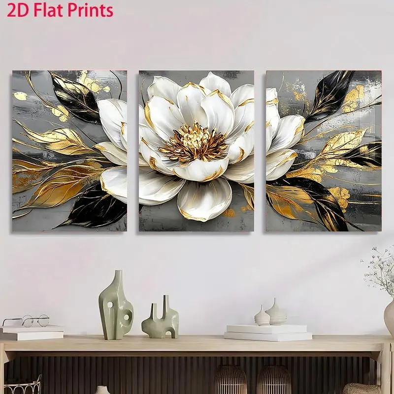 3-piece canvas wall art - Elegant golden flower canvas art modern art prints, bright aesthetic decoration, suitable for living room, bedroom, office, ready to hang, ideal home decor gift, perfect for Halloween, Christmas, Easter, dynamic painting, high-de
