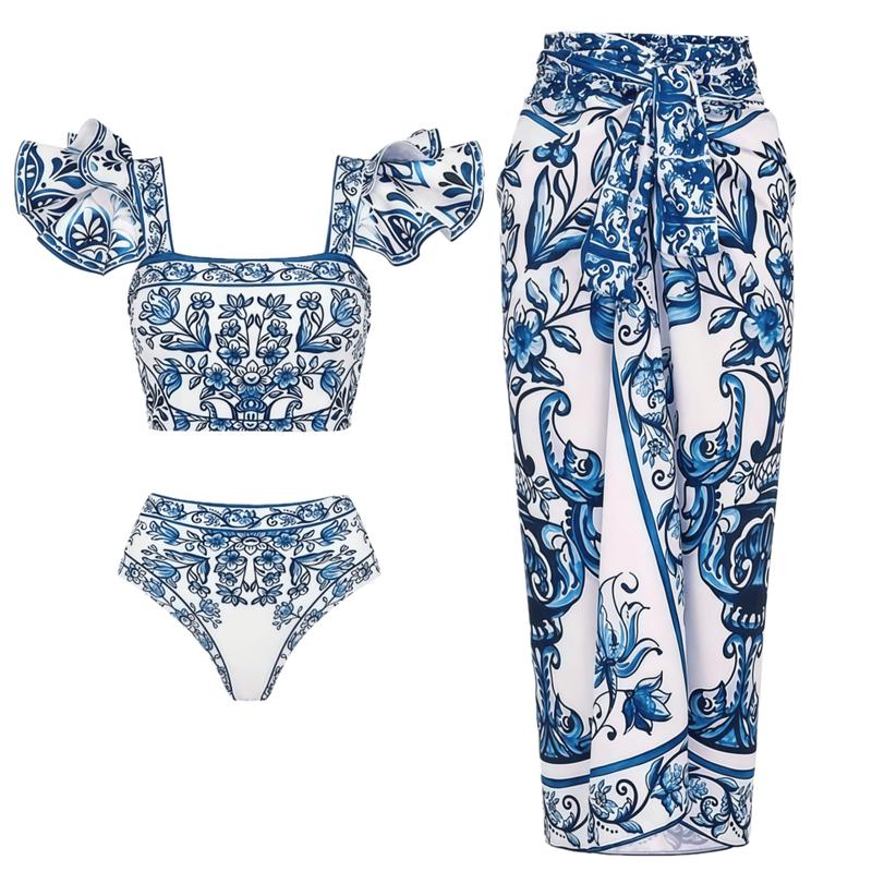 Women's Ruffle Blue Porcelain Print Swimsuit Set - THREE Piece/Bikini with Cover Up Skirt Sarong for Beach & Vacation