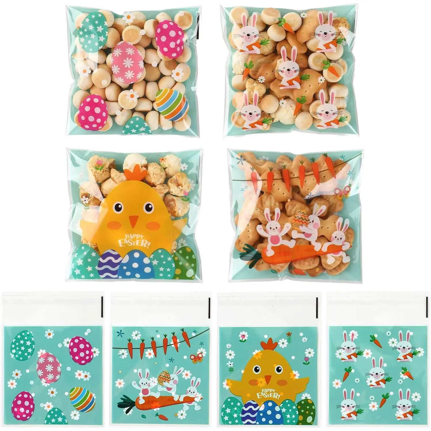 100pcs Easter Self-Sealing 4x4 Inch Cellophane Bags, Ziplock Plastic Baggies for Candy Wrap, Small Gifts, Rabbits Eggs, Parties Supplies & Decorations