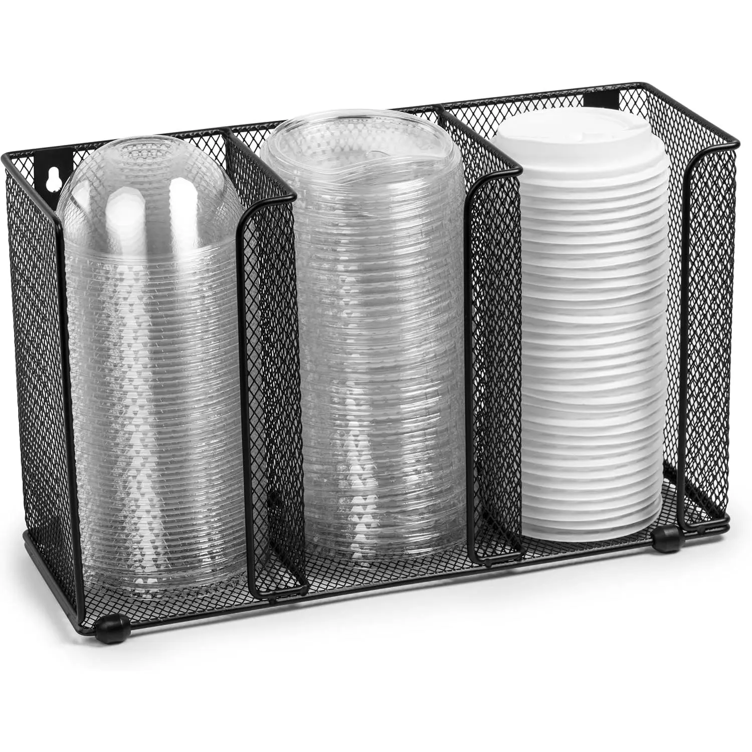 Lid Organizer Holder - 3 Compartment Gridded Mesh Metal Rack Stand for Disposable Plastic  and Cups Storage in Kitchen, Cabinet, Drawers - For Countertop or Wall Mount