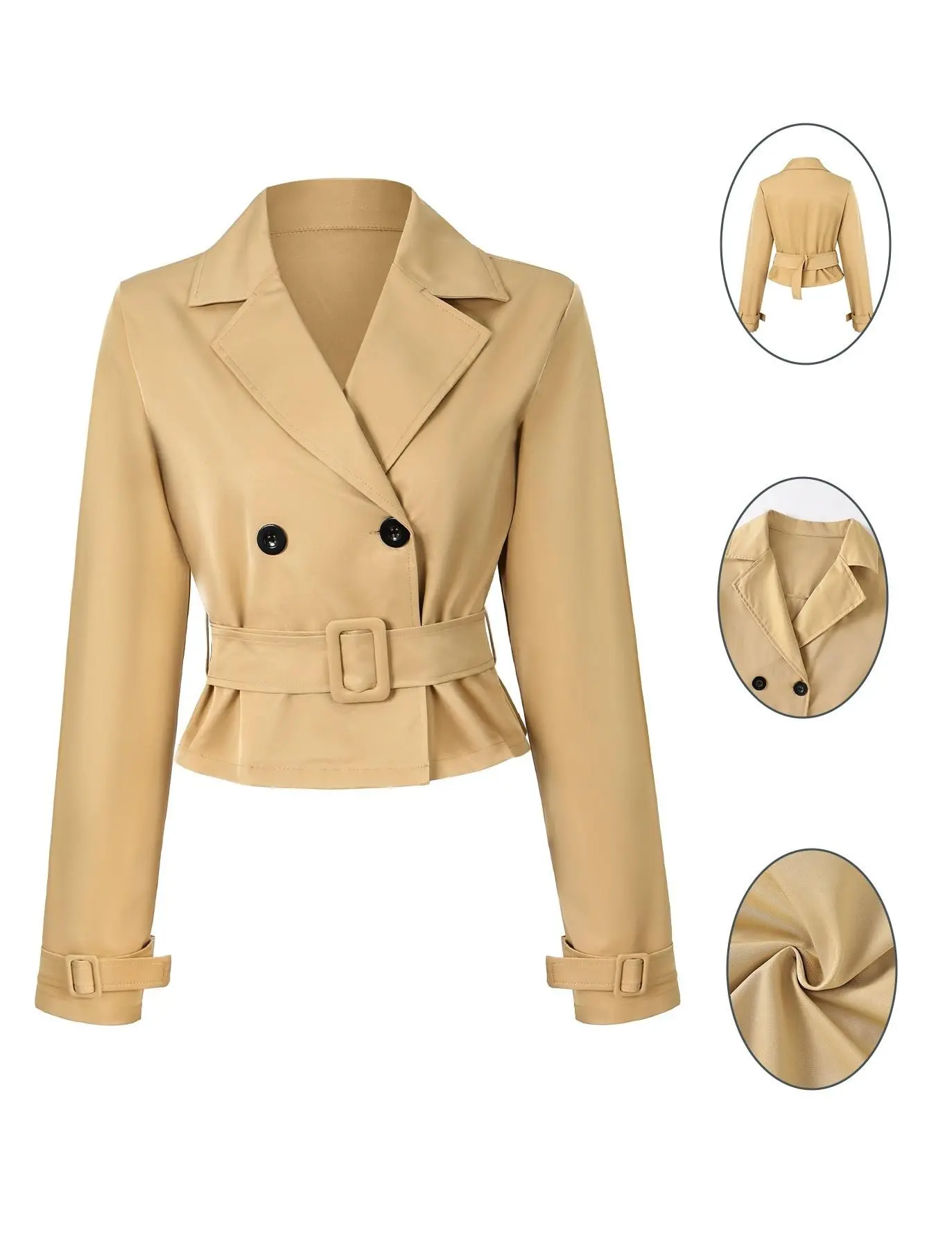 Women Cropped Trench Coat, Notch Lapel, Double Breasted, Belted Waist, Long Sleeve, Elegant Style, All Seasons Wear, Jackets