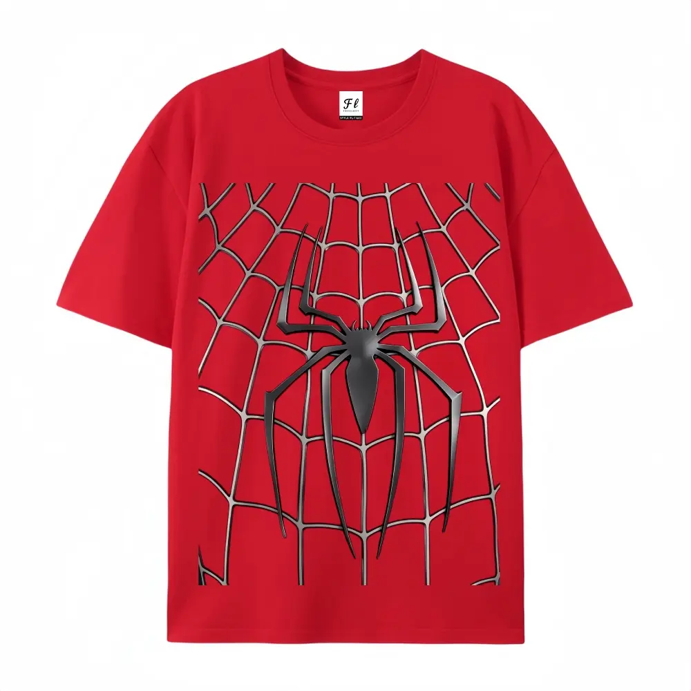 Men's Short-Sleeve T-Shirt, Back To School Red 3D Spider Web Hero Graphic, American Teen Student Opening Season Superhero Casual Gift Tee