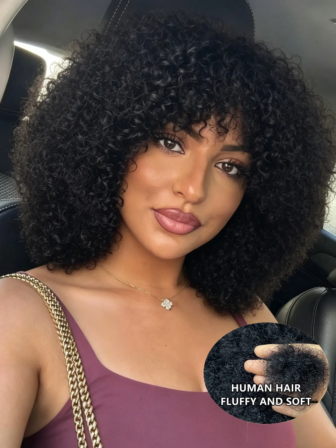Human Hair Afro Curly Bob Wig, Textured Short Curl Shape with Soft Bangs, Full Machine Made Construction, Springy Coil Pattern, Full Rounded Volume, Flexible Fit Design for Women Who Love Statement Hairstyles