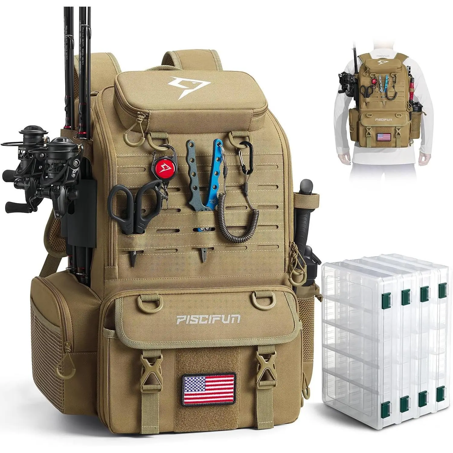 Piscifun 52L Fishing Tackle Backpack, 17 Pockets, Rod Holders & 4 Boxes | 52L, 17 compartments, 4 tackle boxes, Rain cover, Breathable support