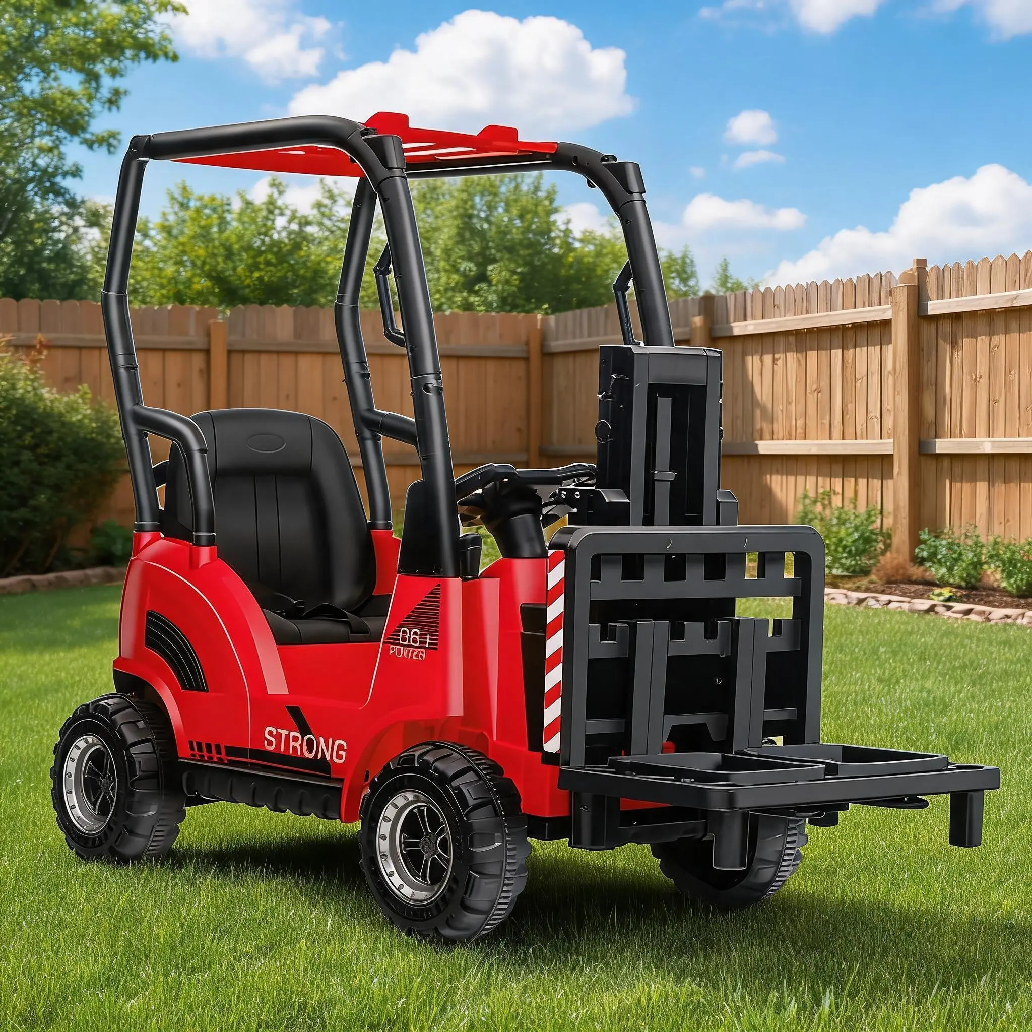 Garvee 12V Kids Ride-On Forklift Truck with Parent Remote Control - Liftable Fork & Pallet - 2 Speeds, Music USB/MP3, Low Battery Alarm, Safety Belt, Tent Canopy