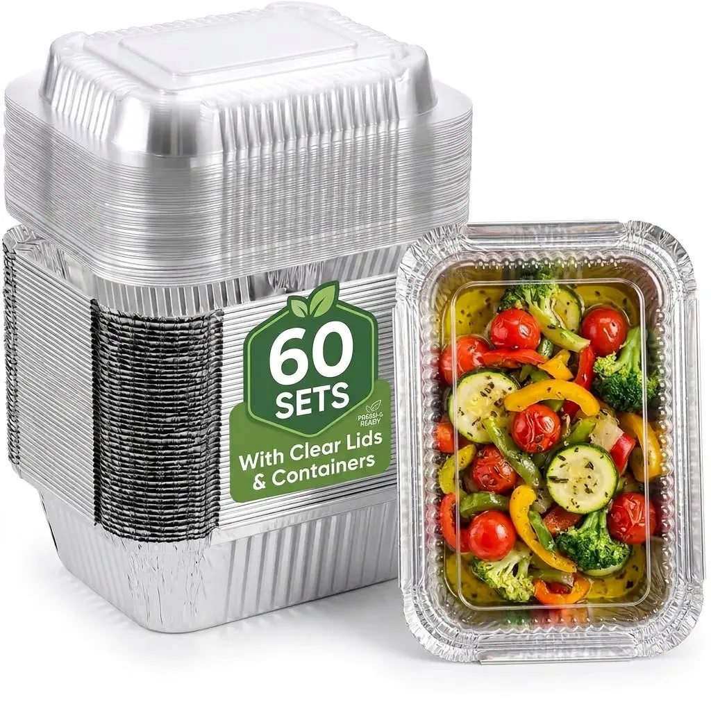 60 Packs Transparent Lid Aluminum Foil Food Containers, Disposable Rectangular BBQ Trays, Ideal for Baking, Meal Prep, Catering, Food Storage