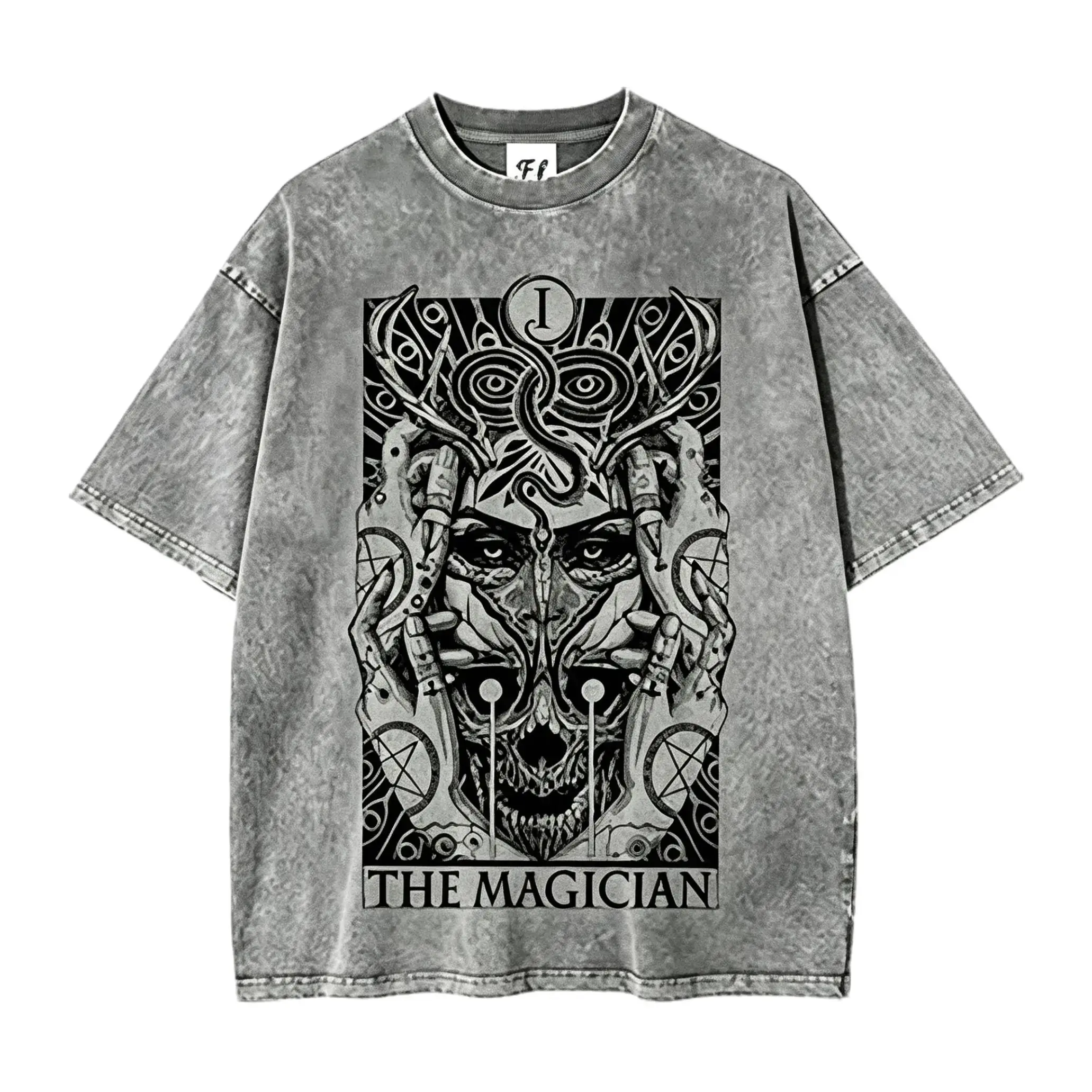 Men's Oversized Cotton-Washed Magician Tarot Card Graphic Tee - Casual Short-Sleeve Stretch Fabric Menswear, Dark Occult Comfort Outfit, Mystic Blackwork T-Shirt, Valentine's Day Gift for Him
