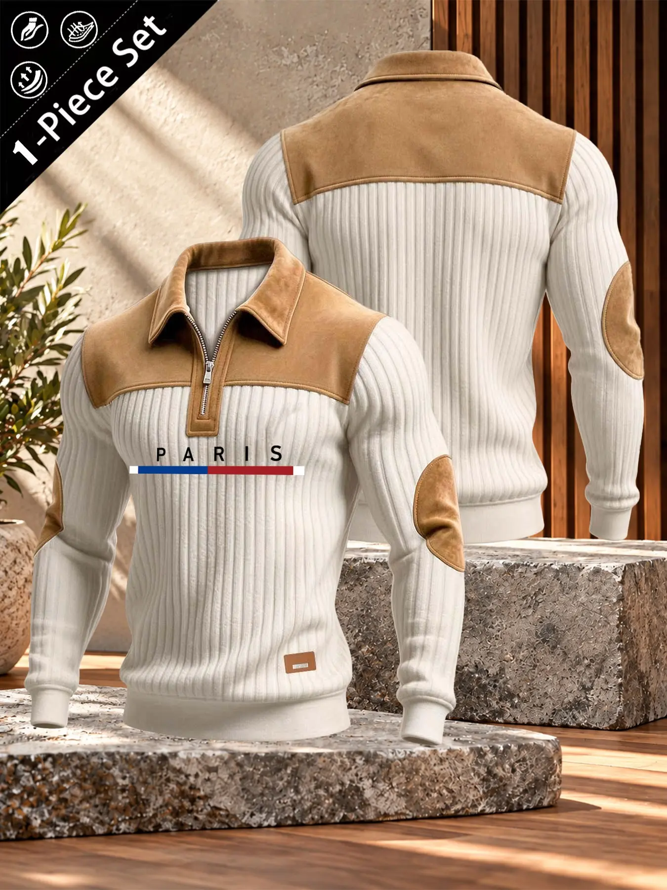 Men's Two-Piece Half-Zip Collar Long Sleeve Top, Paris Letter Vertical Stripe Patchwork Retro Casual Knitwear, Loose-Fitting Hoodie/jumper