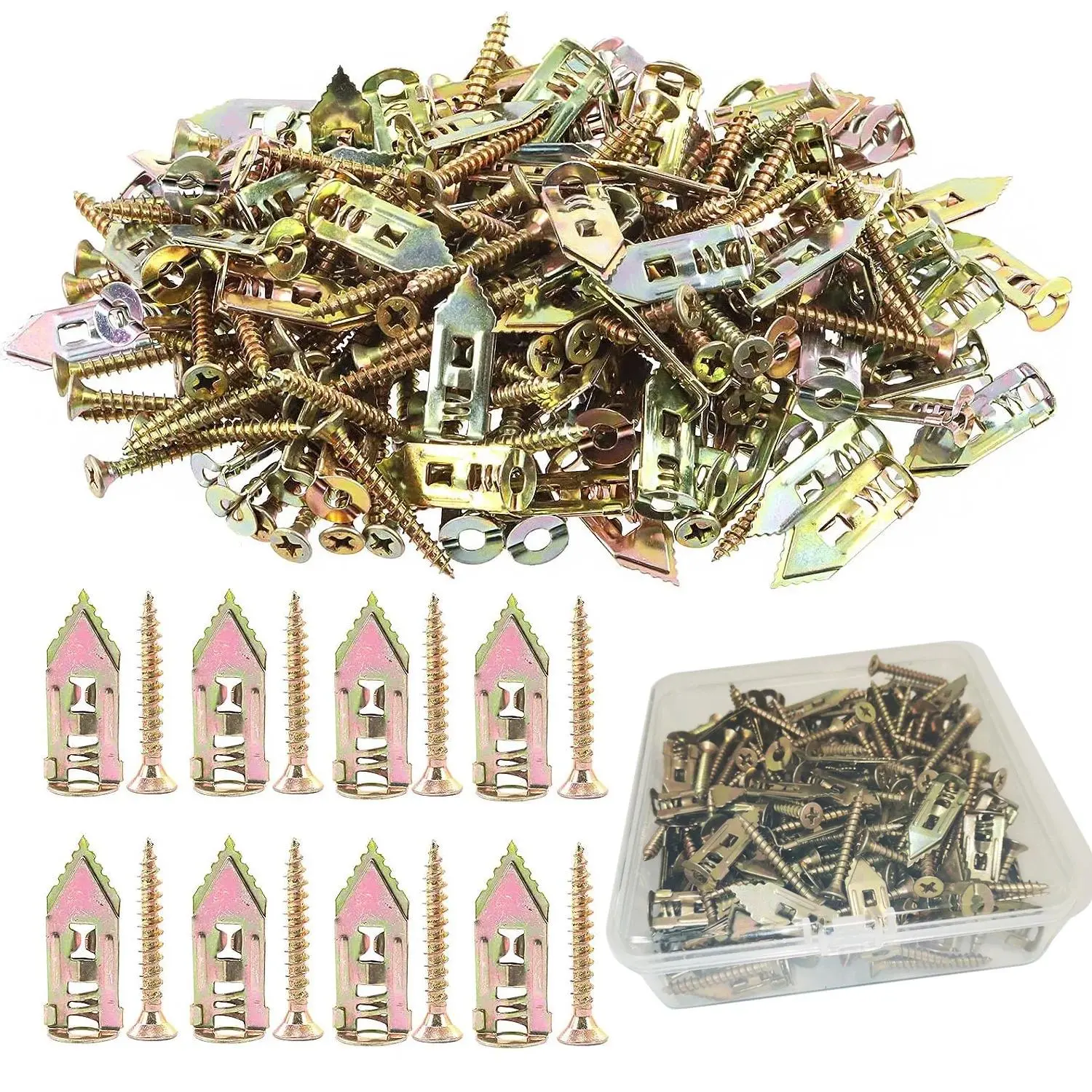 100/200Pcs Self-Drilling Drywall Anchors and Screws Zinc Plated Steel Hollow Wall Anchors and Screws