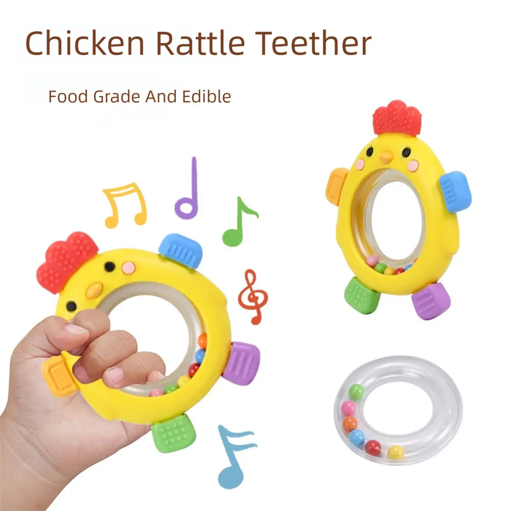 Chicken Baby Teether Rattle, Food Grade Silicone Teething Toy, BPA-Free, Multi-Texture Sensory Chew Toy with Easy-Grip Ring for Babies
