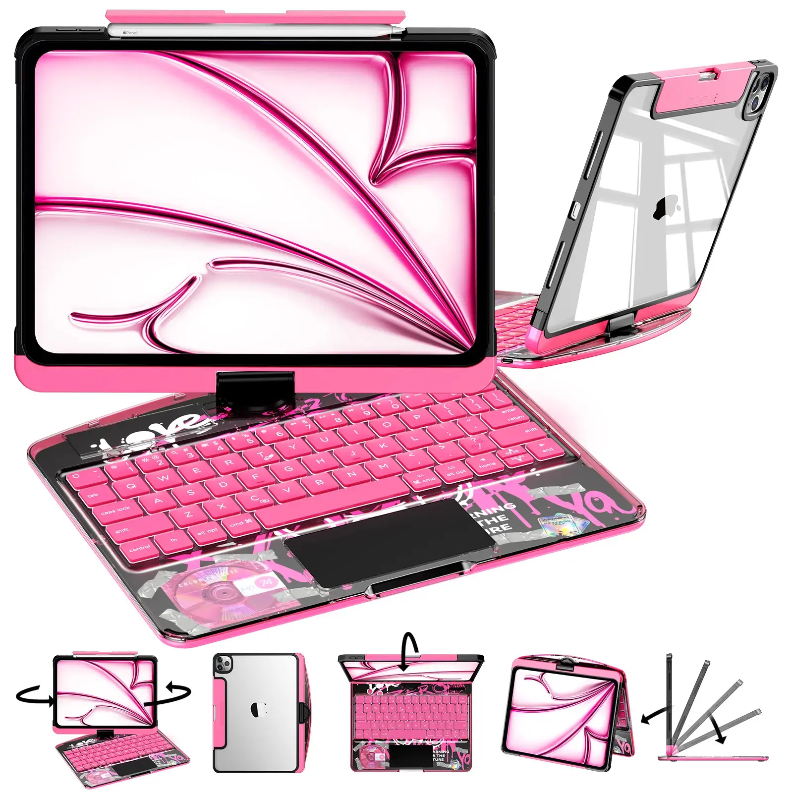 360 Swivel Keyboard Case with Y2K Graffiti for iPad 10th, 7 Color Backlit Bluetooth Keyboard with Multi-Touch Trackpad, Pencil Holder, Auto Sleep Wake, Battery Indicator, Protective Cover