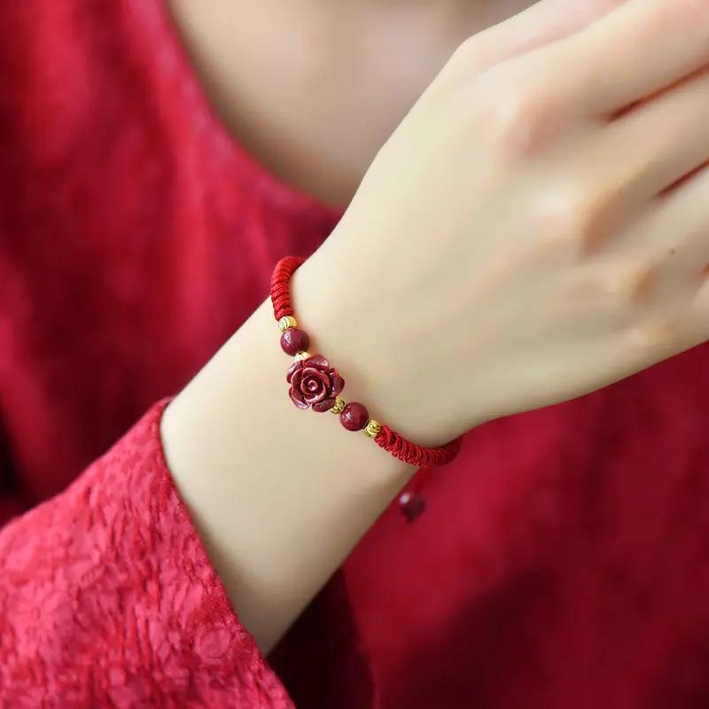 Cinnabar Rose Red String Bracelet with 18K Gold Accents for Love Prosperity and Protection Elegant Design Perfect for Any Occasion