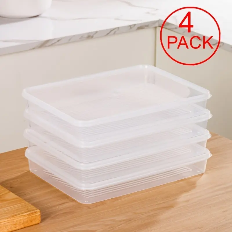 Food-grade rectangular dumpling box set of 4 pieces made of plastic PP material, suitable for food preservation, barbecue, skewer, meal preparation, food storage, food sealing and storage, refrigerator freezer box with lid, small cake and pastry box