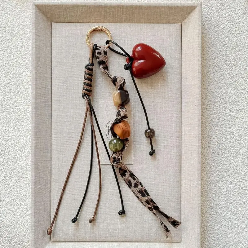 Vintage Brown Backpack Charm, Handmade Beaded Heart Keychain with Leopard Print Braided Cord, Trendy Bag & Purse Accessory, Warm-Tone Beads Fall Aesthetic, Cross-Border Wholesale Small Gift