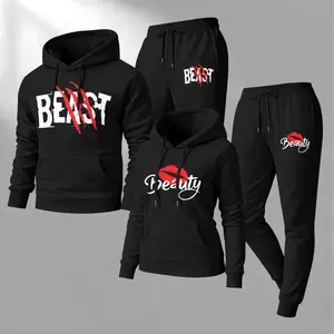 Couple's “Beast” and “Beauty” Print Hoodie and Sweatpants Set, Casual Sportswear, Long-Sleeve Hooded Jacket and Pants, Suitable for Autumn, Winter, and Spring, Everyday Wear, Tracksuit