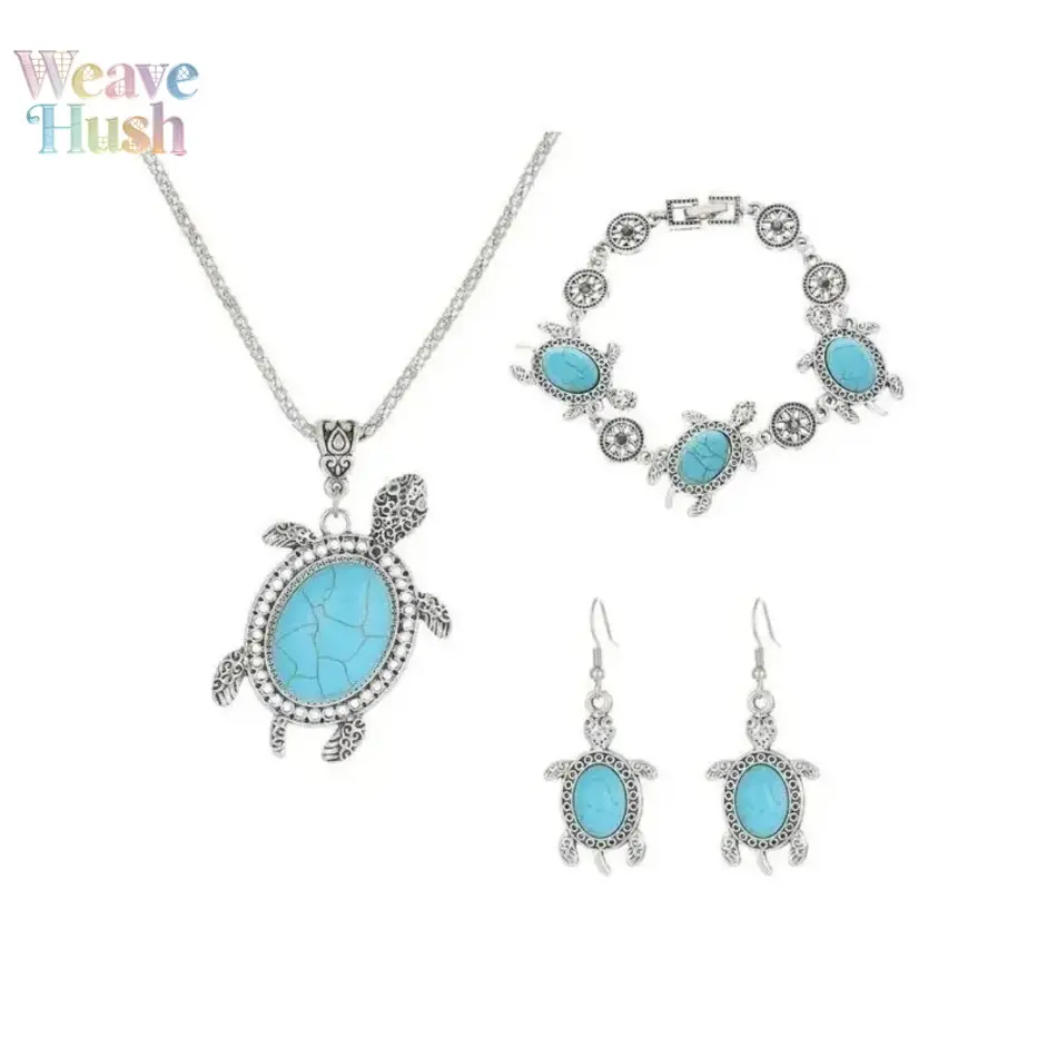 Boho Turtle Bag Accessory & Jewelry Set for Women, Handmade Vintage Titanium Alloy with Turquoise Pendant Necklace, Bracelet, & Earrings, Turtle Motif, Gifting