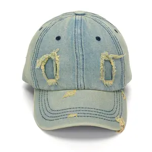 Light Blue Denim Baseball Cap for Men Women Distressed Washed Cotton Ripped Hole Frayed Adjustable Y2K Hip Hop Sun Hat for Outdoor Travel
