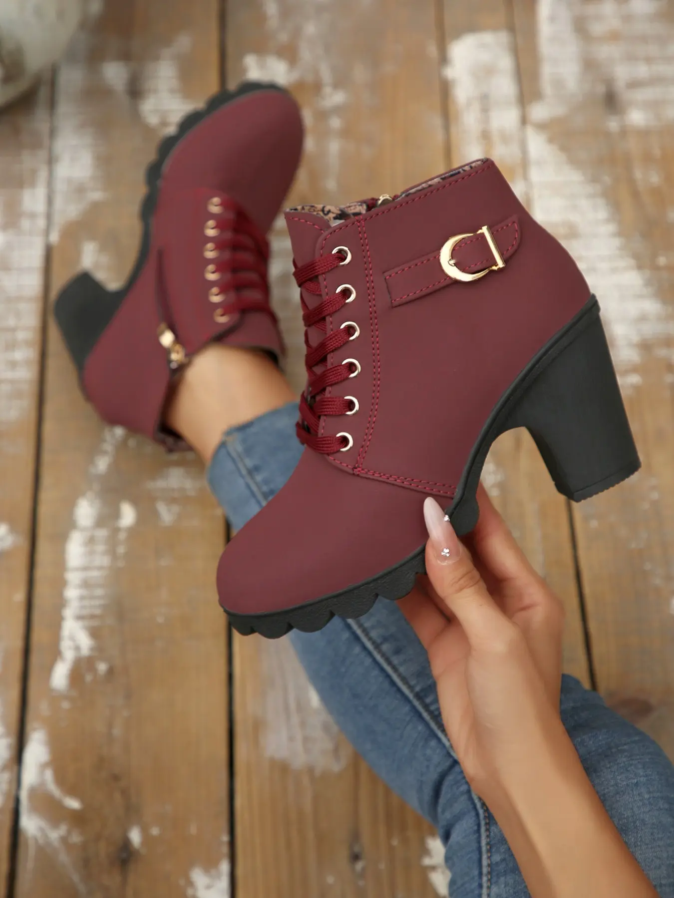 Women's Thick Sole High Heel Ankle Boots, Casual Lace-Up Side Zip, Round Toe PU Leather, Olive Burgundy, All Seasons, Versatile Shoes