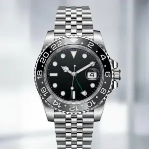 Men's Dual Time Zone Automatic Sports Watch, Black Ceramic Bezel Black Dial Jubilee Stainless Steel Bracelet Wristwatch with Date Window