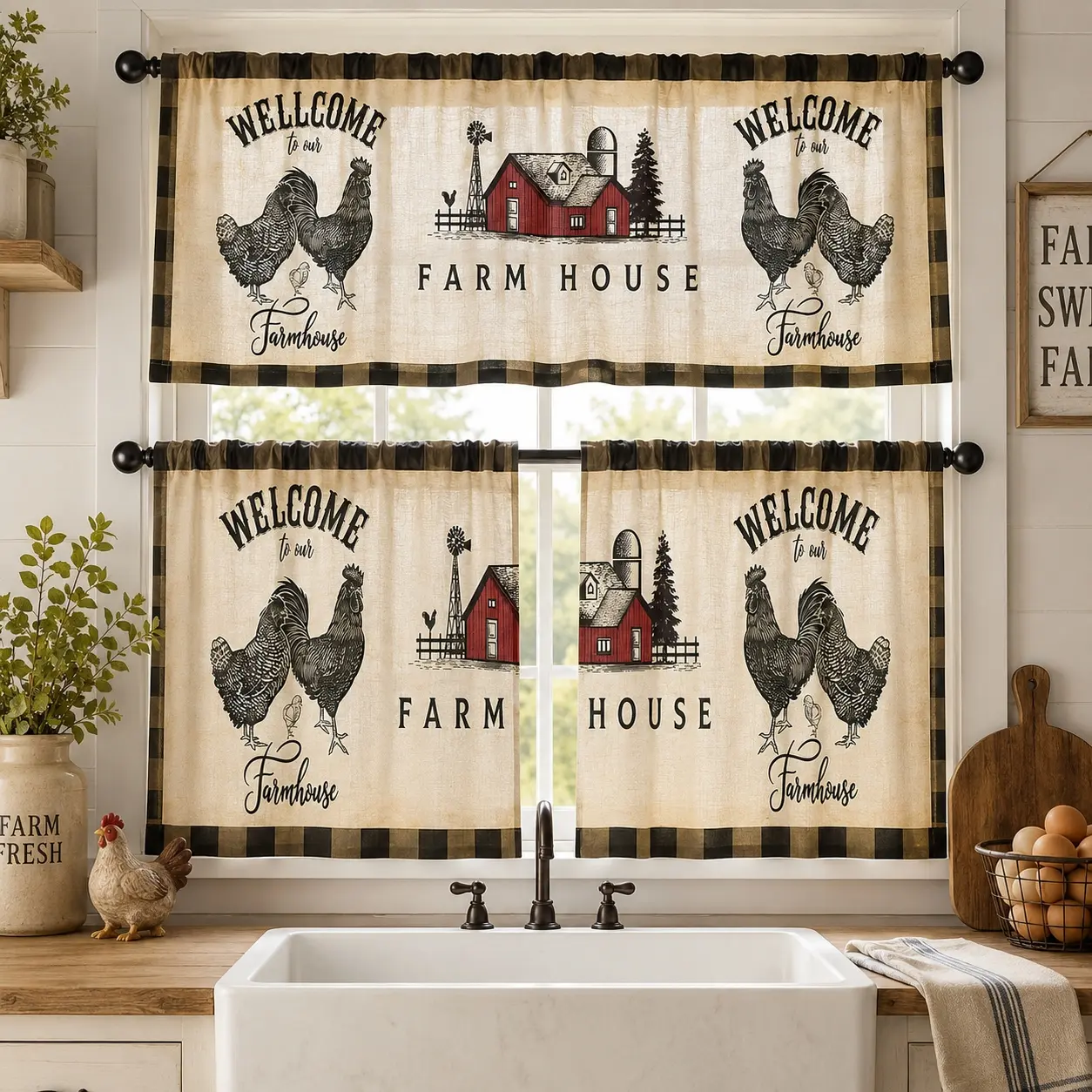 Rustic Farmhouse Look Rooster Print 3-Piece Polyester Curtain Set - 36-in Short Tier & Valance, Rod Pocket Cafe Drapes for Kitchen Decor, Animals