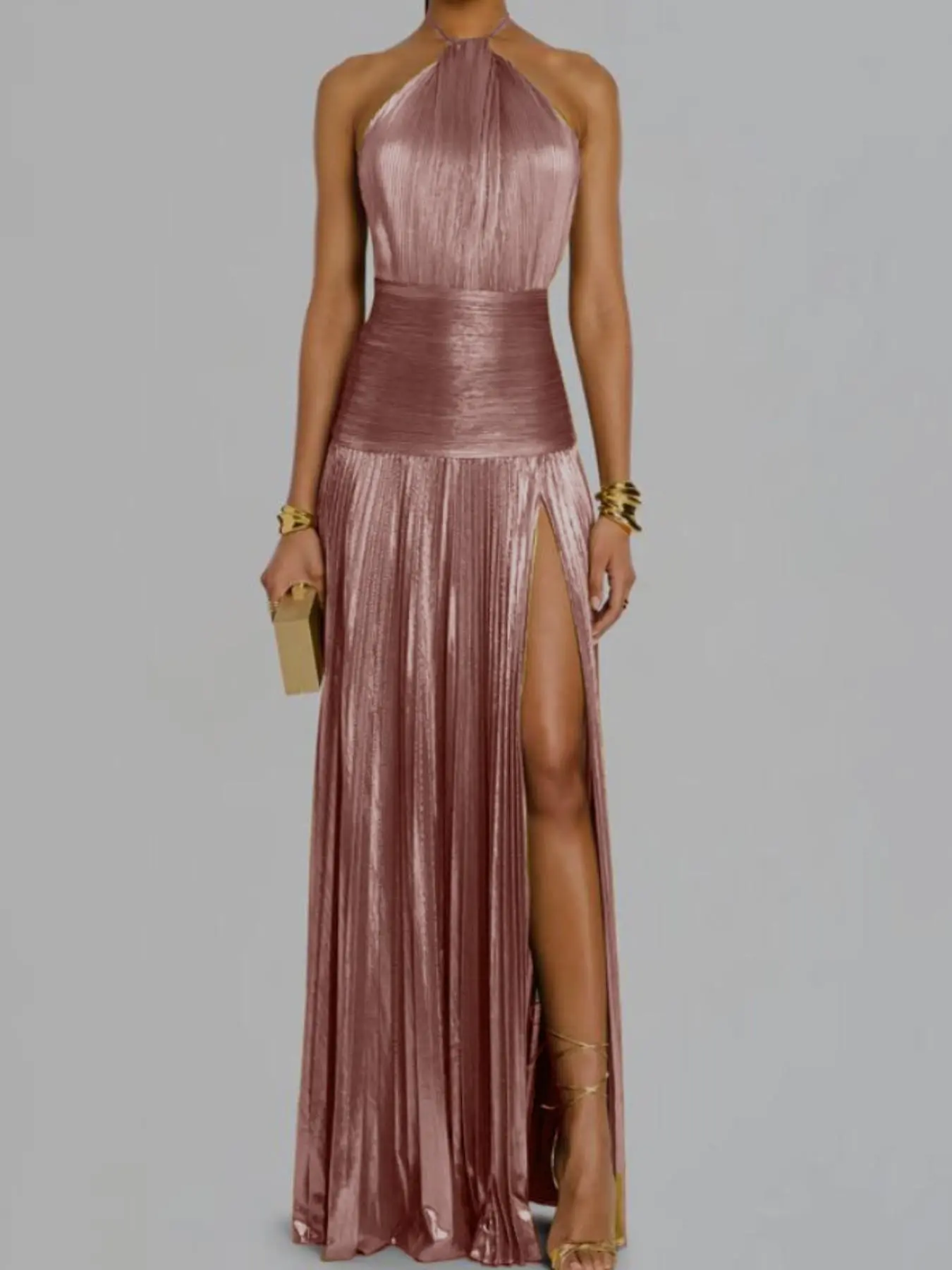2026 New European and American Women's Fashion, Metallic Color Pleated Split Tie Halter Dress, Sleeveless Backless Design