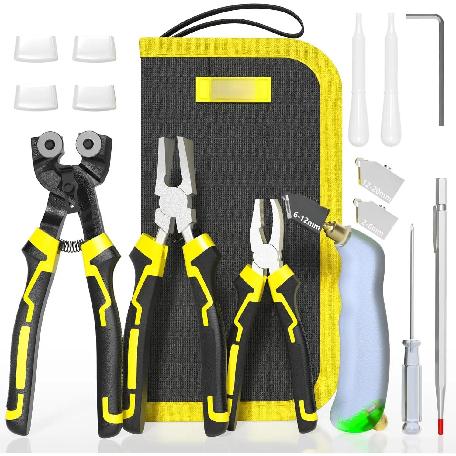 15 count Glass Cutters Tools, 8" Wheeled Glass Tile Nippers, 8" Running Pliers, 6" Breaker Grozer Pliers, Oil Feed Glass  Kit with 3 Size   for Mosaic  with Zipper Bag