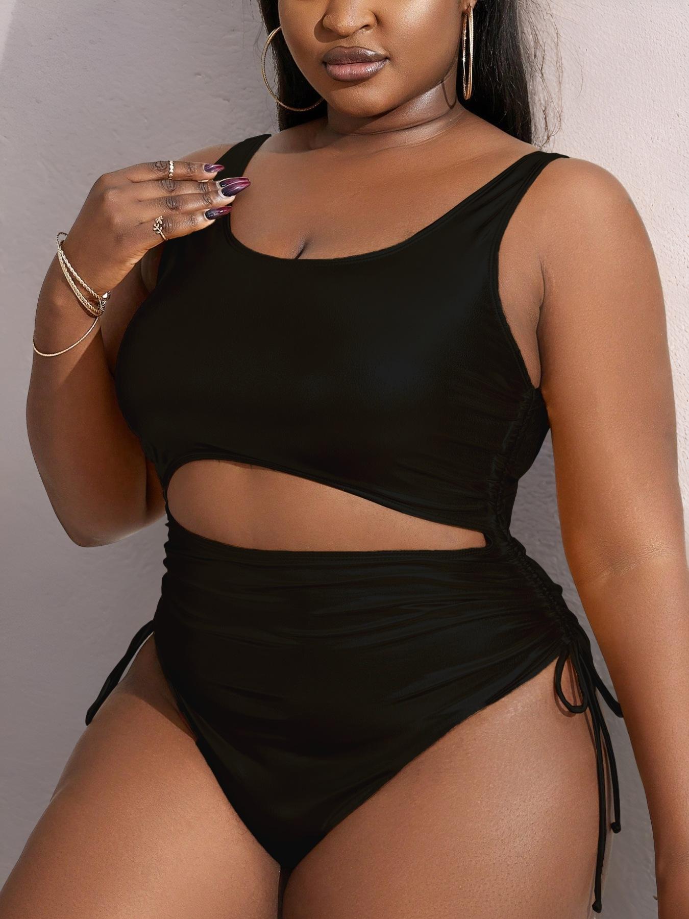 Plus Size Solid Cut Out One-pieces, Casual Sleeveless Backless Swim One-pieces for Beach Holiday Vacation, Women's Swimwear, Cutout Swim Suit, Swimsuit for Beach, Swimsuit Bodysuit