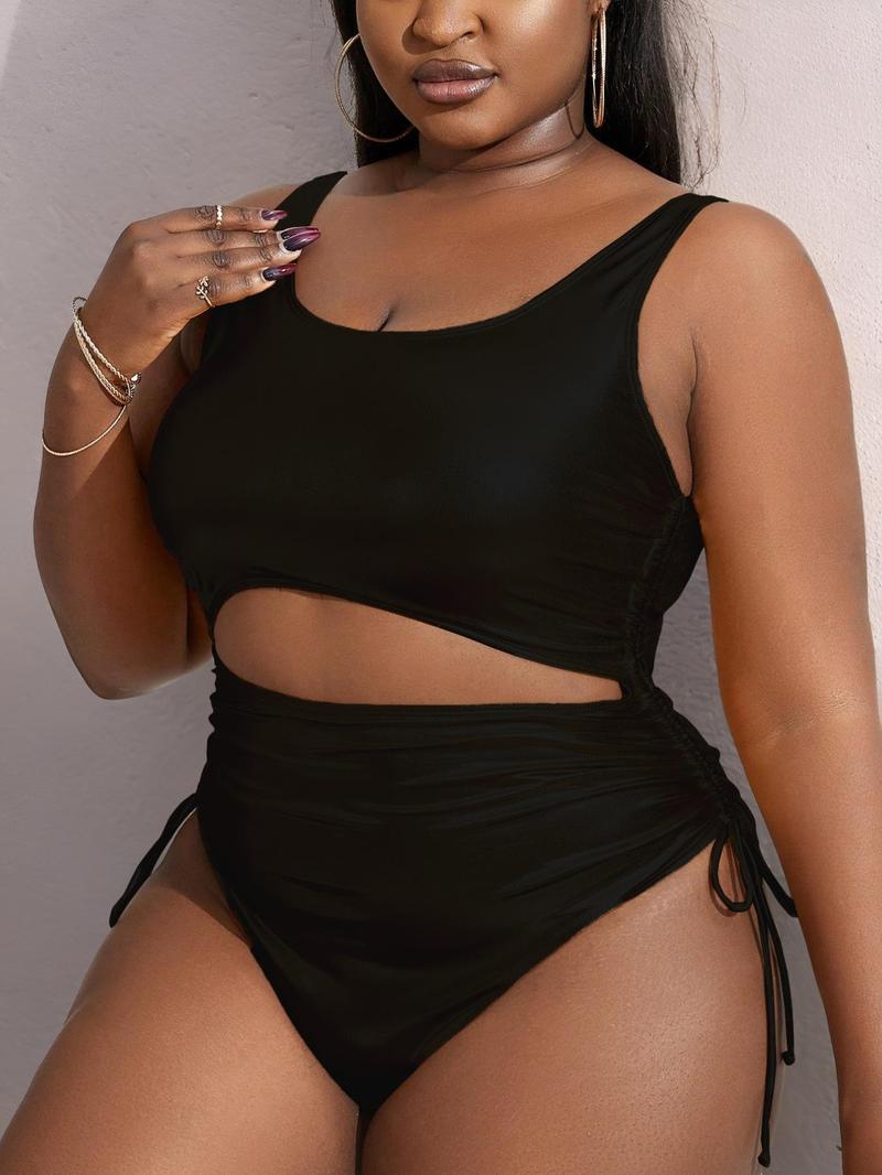 Plus Size Solid Cut Out One-pieces, Casual Sleeveless Backless Swim One-pieces for Beach Holiday Vacation, Women's Swimwear, Cutout Swim Suit, Swimsuit for Beach, Swimsuit Bodysuit