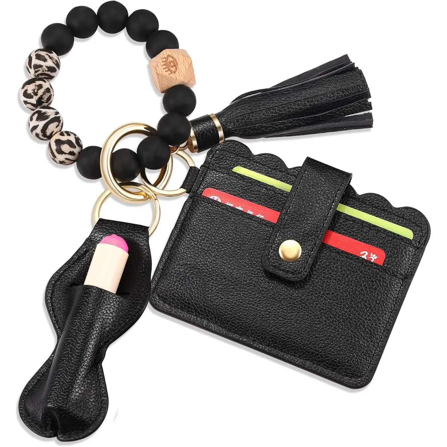 Wristlet Keychain Bracelet Wallet, Silicone Bead keyring Bangle for Women, Black
