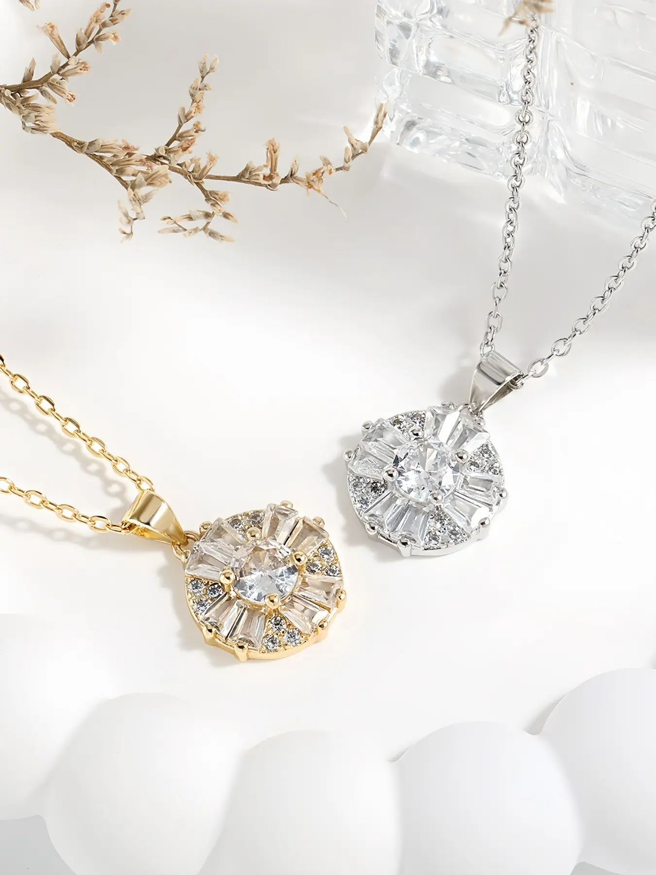 2pc Sunflower Radiant Full Diamond Necklace, Trapezoid Long Diamonds, Large Center Stone, Silver, Elegant Gift