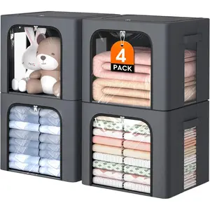 4 Pack 40L Foldable Clothes Storage Bins with Metal Frame, Fabric Storage Boxes with Clear Window, Front & Top Zipper Openings, Stackable Organizer Bins with Handles for Closet & Bedroom (Light Grey)