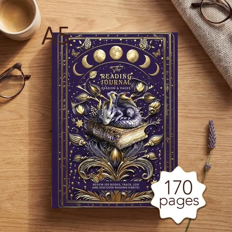 1Pc A5 Vintage Purple Gold Moon Phase Mythical Dragon Cover Reading Journal, 170 Pages Daily Reading Planner & Reading Log Notebook, Stationery For Book Lovers And Daily Gifting