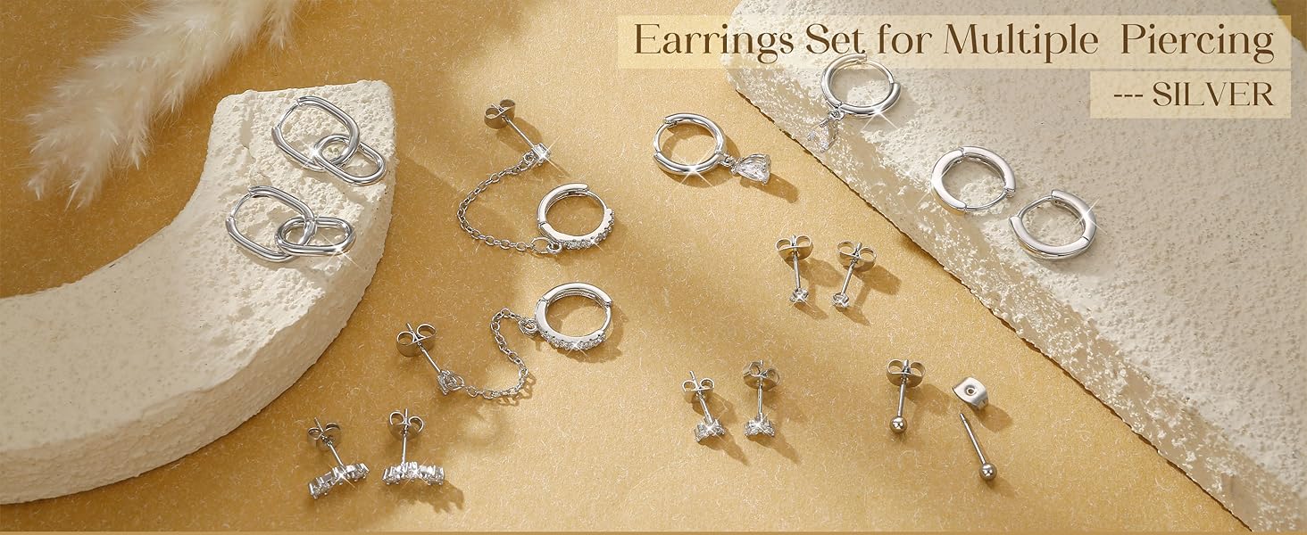 LOLIAS Gold Hoop Stud Earring Stacks for Women - 14K Gold Plated Chain Cartilage Earrings Cute Hypoallergenic Silver Huggie Earrings Sets for Multiple Piercing Jewelry Lightweight 8Pairs