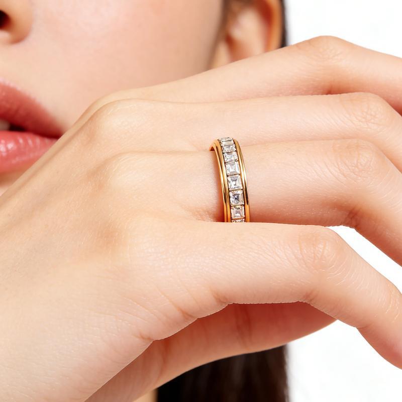 [Titanium Steel Anxiety Ring For Women Men]Spinner Fidget Band Stress Relief Cubic Zirconia Comfort Fit Size 5 To 12 Wedding Promise Ring L12