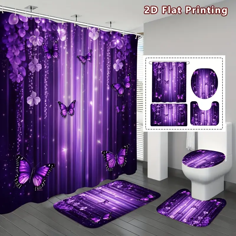 4-Piece purple butterfly girly shower curtain set, magic garden bathroom decoration, including floor mat, U-shaped mat, toilet cover cover and 12 hooks, mysterious natural wind, home decoration, bathroom accessories