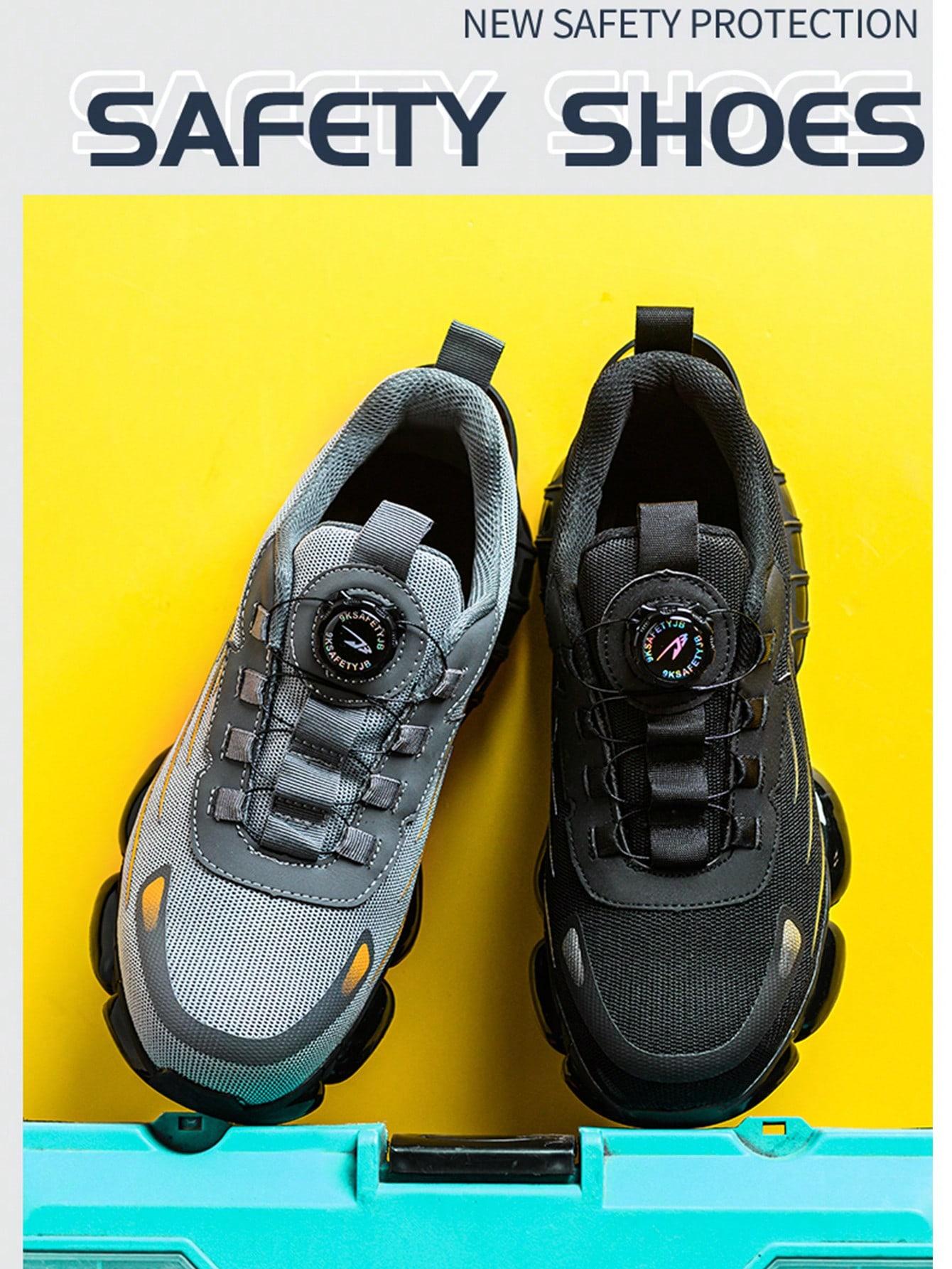 Unisex Anti-Smash Safety Shoes, Steel Toe Caps, Anti-Slip, Breathable,Industrial Construction Sports Rotatory Lace-Free Casual Hiking Shoes Black Gray