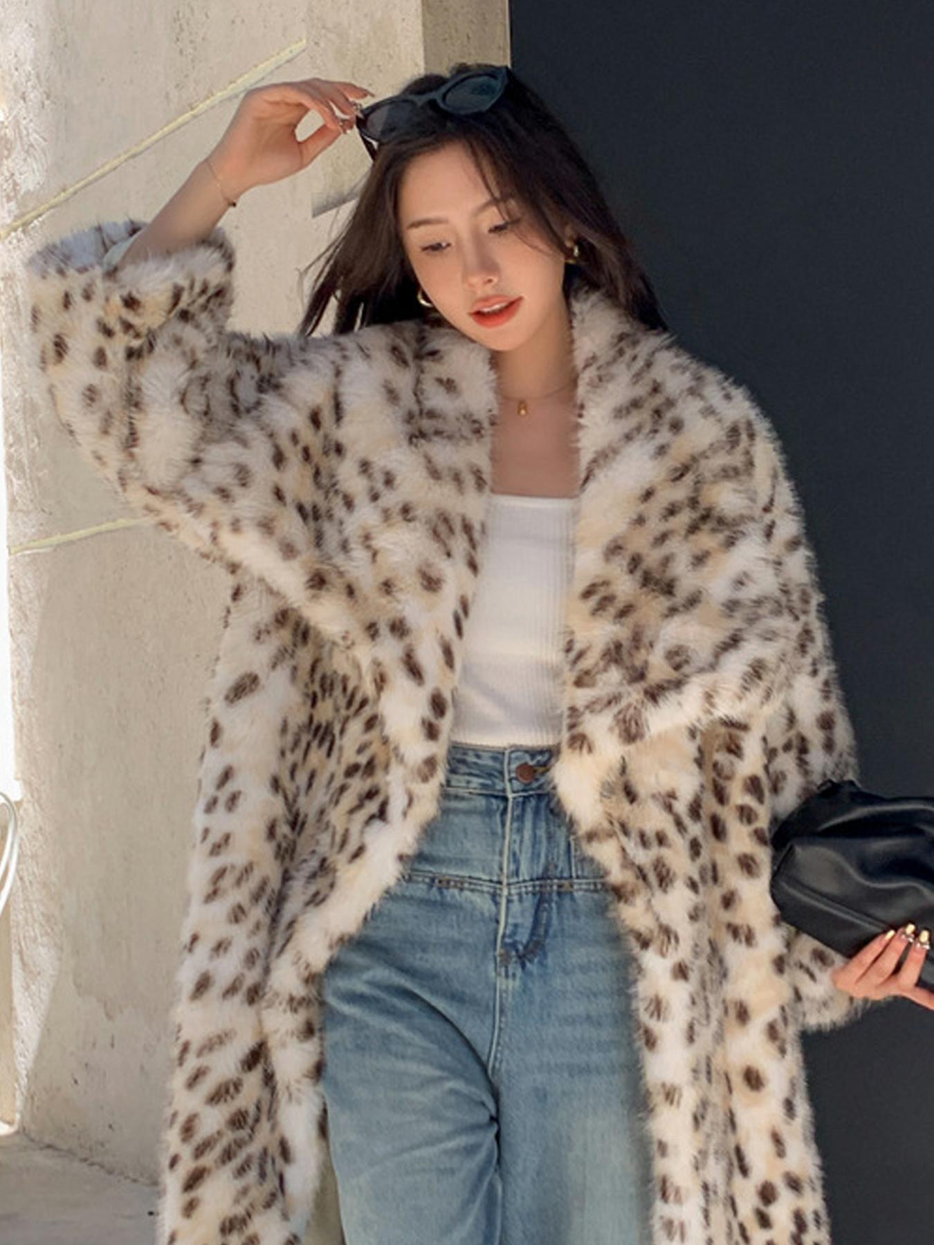 Women's Leopard Print Faux Fur Coat, Casual Long Sleeve Waterfall Collar Fuzzy Soft Coat for Fall & Winter, Women's Clothing for Daily Wear