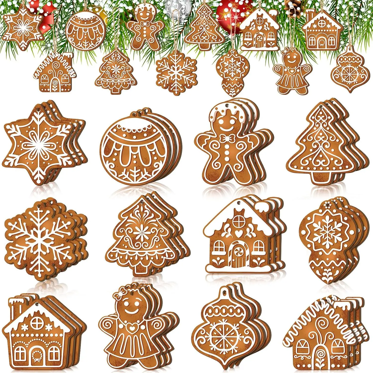 36 count Christmas Gingerbread Ornaments for Tree Mini Snowflake Wooden  Winter Xmas Ornaments with Ropes for Christmas Party Holiday Winter Crafts(Brown,36 Pcs,Gingerbread)