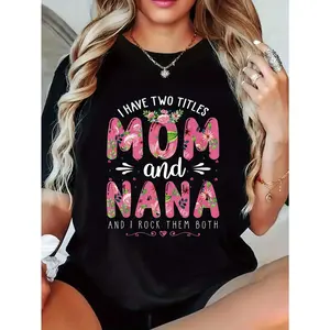 Women's Casual Short Sleeve Twist Seamless T-Shirt - "Mom & Nana" Graphic Print, Floral Geometric Design, Black & Pink Lettering, Machine Washable Round Neck Apparel, Mother's Day Gift, Summer Pieces t0408