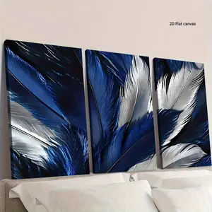 2D canvas, 2D canvas, 2D canvas, 3-piece set of blue feather decorative wall art, flat canvas, ready to hang. Perfect for modern decoration in offices, rooms, and homes. This creative wall art is a perfect holiday gift