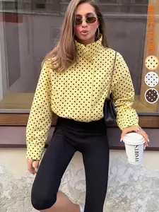 【Back to School Outfits】Women's Spring Summer New Long Sleeve Drawstring Zipper Pocket Polka Dot Retro Stand Collar Casual Aesthetic Streetwear Outerwear Jacket, Womenswear