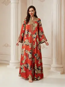 New Muslim Women's Ramadan Embroidered Print Abaya, Elegant Stand Collar Long Dress, Handmade Rhinestone Straight Sleeve, Turkish Evening Gown