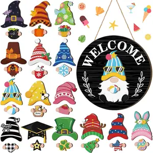 31 Pcs Solid Black Style Interchangeable Wooden Gnome Door Hanger Holiday Seasonal Gnome Decorations with Magnet Pieces and Detachable Hats Changeable Welcome Sign  Home (Black) New model